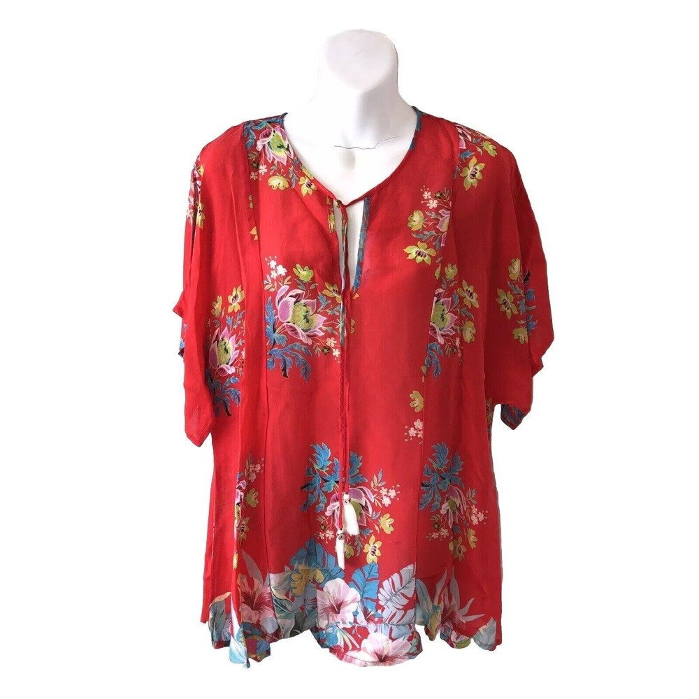 Johnny Was Red Floral Top Drop Tie Tassels Rayon Tunic Boho Women's Medium EUC